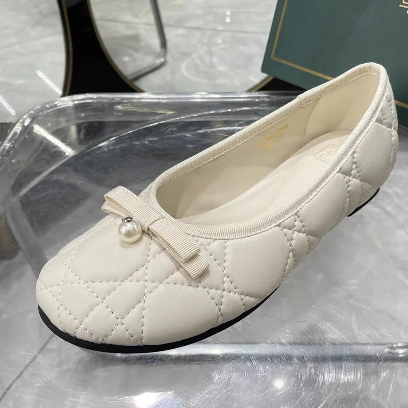 2024 Fashion casual Princess bow pearl ballet shoes embroidered shallow flat shoes