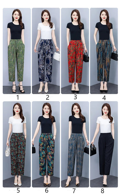 Women Pants High Waist Loose Print Summer Pants for Women Elastic Waist Vintage Clothing