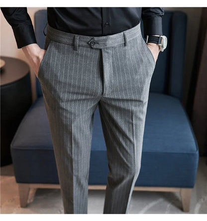 Men Boutique Black Striped Suits Pants Male Formal Wear Wedding Dress Trousers Quality British Style Business Casual Suit Pants