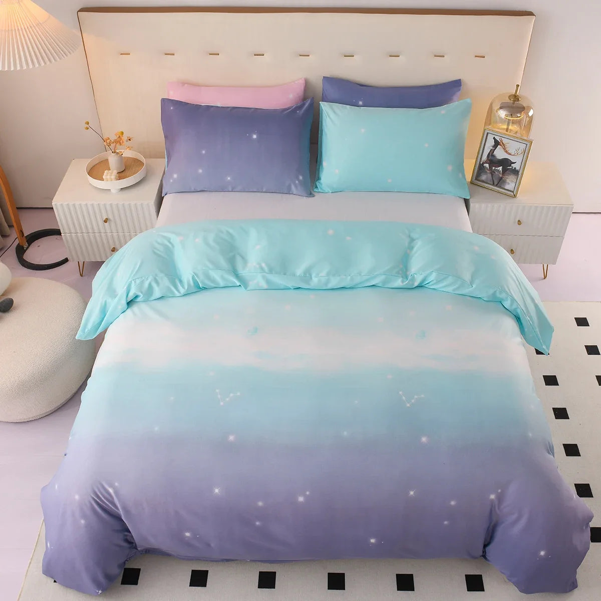 Galaxy Star Duvet Cover Set Single King Size 3PCS Blue and Purple Bedding Set Gradient Color Comforter Cover with Zipper Closure