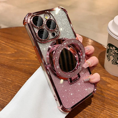 Plating Airbag Glitter Bracket Magsafe Case for iPhone 15 16 Pro Max 15 Plus Luxury Mirror Cover for iPhone 11 12 13 14 Pro Max