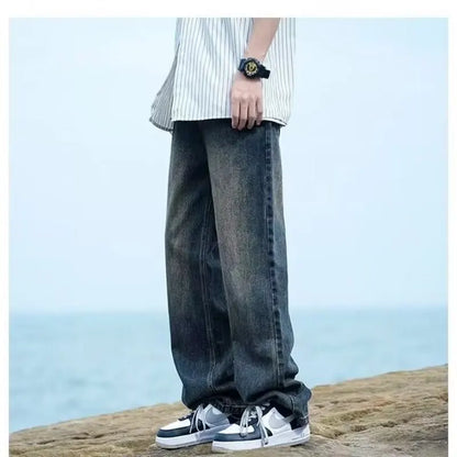 New Retro Washed Large Medium High Waist Men's Straight Blue Men's Trendy Denim Long Pants Mens Clothing Pantalon Homme Jean