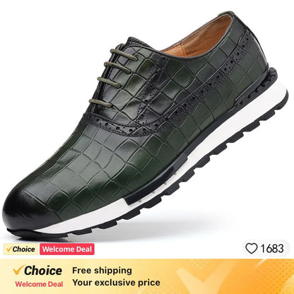 Luxury Business Casual Genuine Natural Cowhide Leather Men's Oxford Sneakers Spring Autumn Crocodile Pattern Anti-slip Footwear