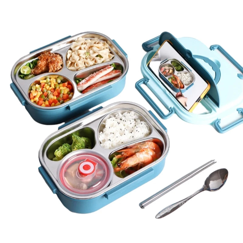 304 Stainless Lunch Box Double Layered with Spoon & Fork Leakproof Eco-Friendly Food-Safe Materials Bowl with Handle for Kids