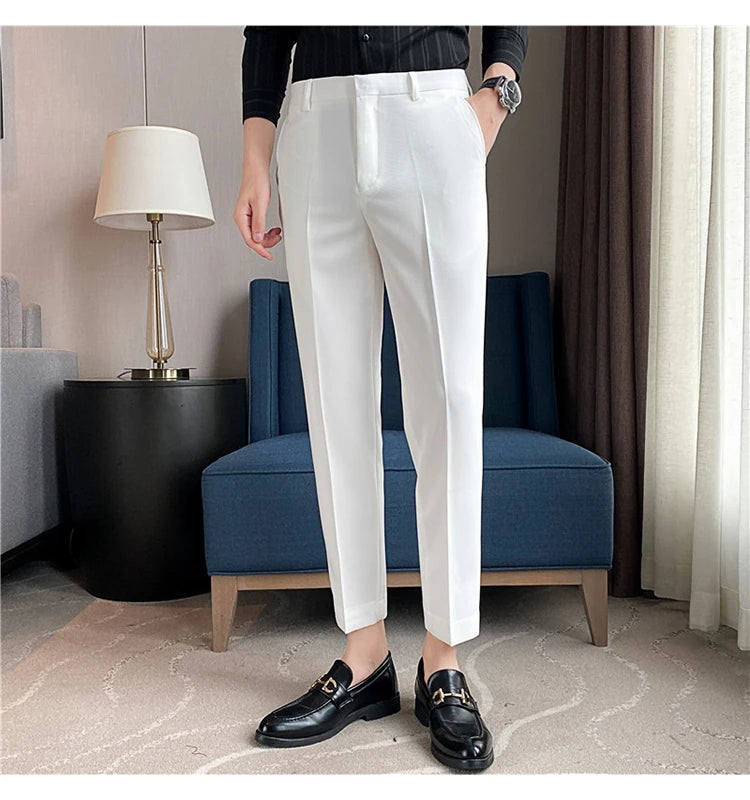 9 Color Summer Fashion Mens Suit Pants Pure Color Business Formal Pants Slim Fit Office Mens Wedding Social Ankle Long Trousers