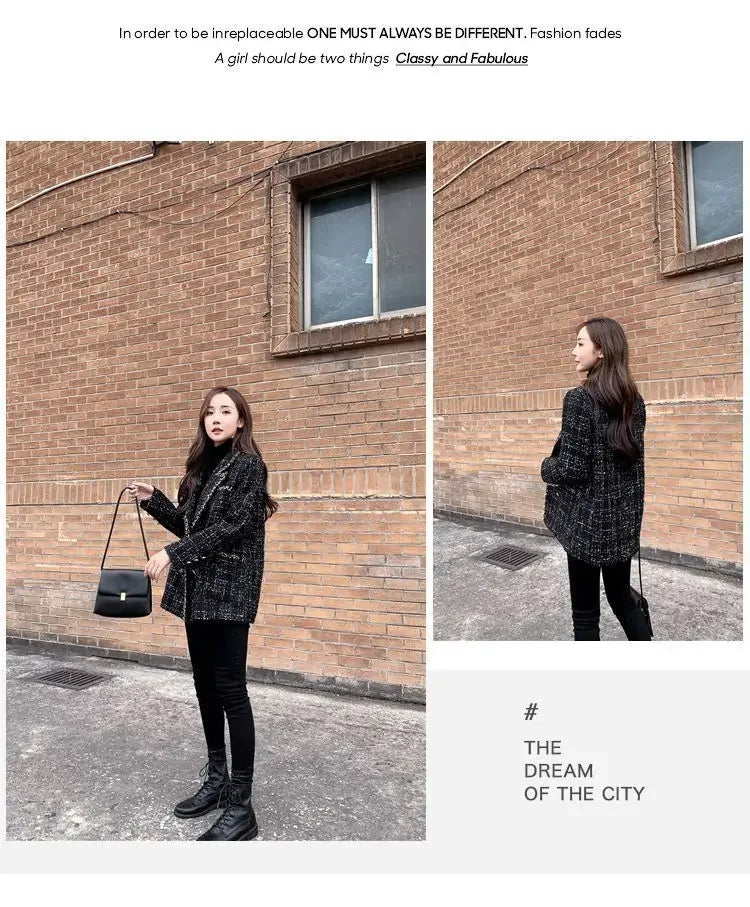 New Vintage Plaid Tweed Blazers Autumn Winter Thicken Fashion Jackets Female Double Breasted Elegant Black Coats Outwear D92