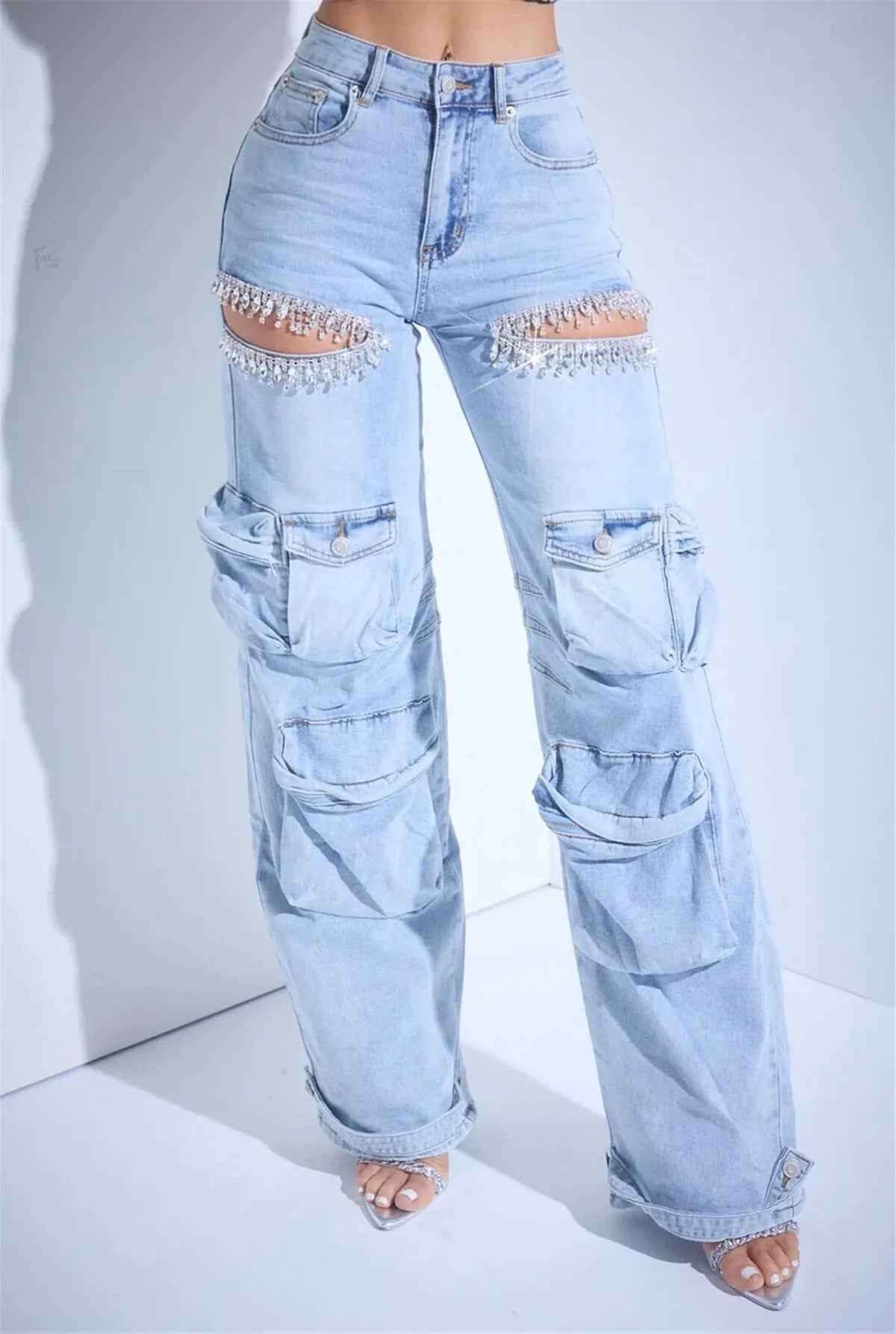 DEAT Fashion Women's Hollowed Out Diamond Denim Cargo Pants High Waist Multiple Pockets Elastic Jeans Female 2024 Autumn New