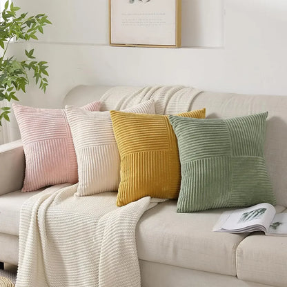 Green Luxury Corduroy Striped Square Cushion Covers 45*45CM Soft Splicing Throw Pillow Covers for Couch Bed Chair Home Decor