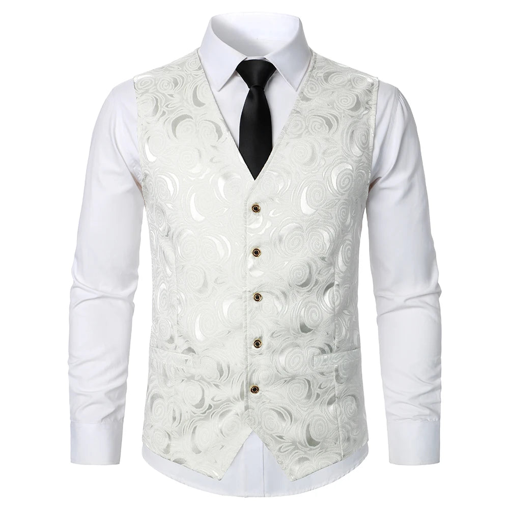 Men Suit Vest Coat Roses Pattern Bright Jacquard Fabric Party Luxury Design Causal Fashion Slim Fit Men Suit Vest Coat