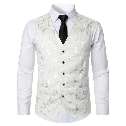 Men Suit Vest Coat Roses Pattern Bright Jacquard Fabric Party Luxury Design Causal Fashion Slim Fit Men Suit Vest Coat