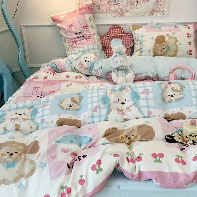 Kawaii Bedding Set for Kids Ins Twin Queen Size Duvet Cover Flat Sheet Pillowcase No Filler Girls Boys Home Totel Bed Linens