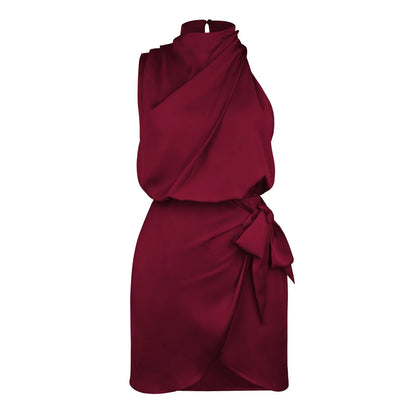 Casual Women'S Dresses Women'S Satin Sleeveless Backless Turtleneck Tie Waist Wrap Bodycon Cocktail Mini Dress 여성여름옷