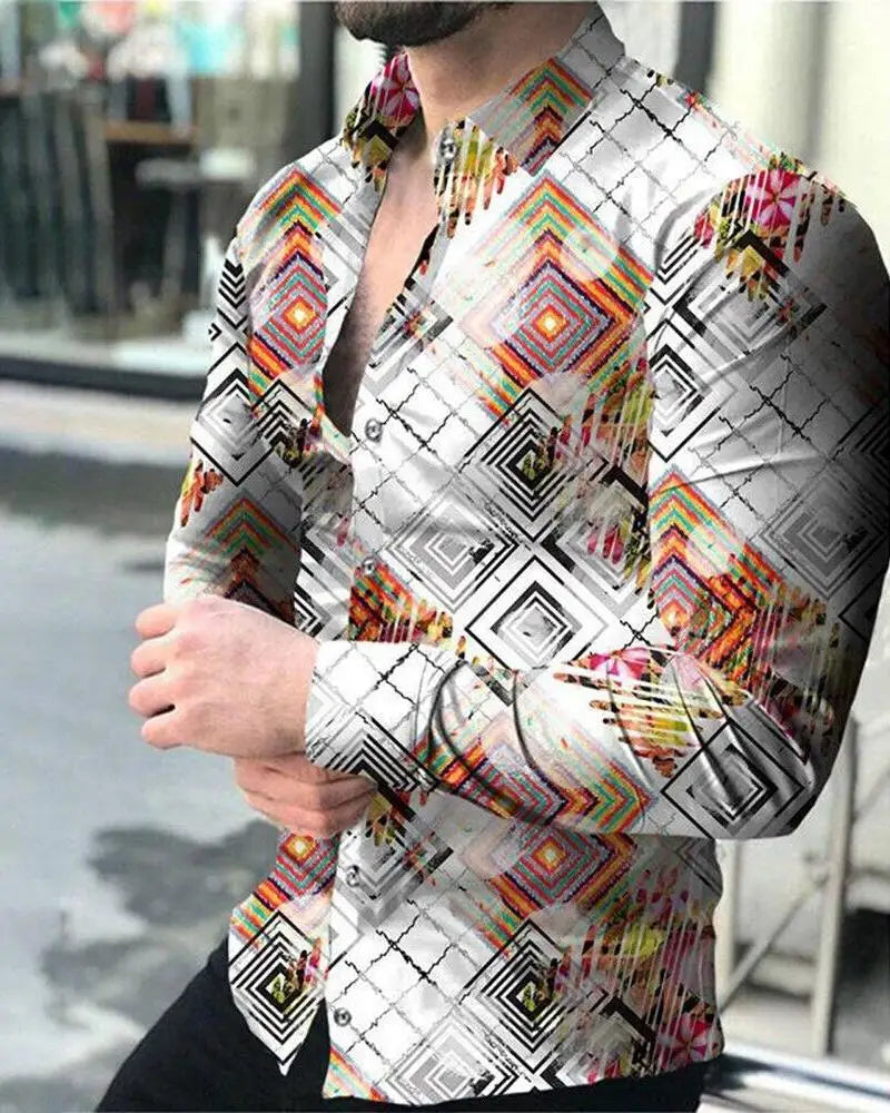 Comfortable 2024 New Men's Party Shirt Luxury Social Men's Shirt Lapel Button Shirt Casual Plaid Print Gold Long-sleeved Shirt