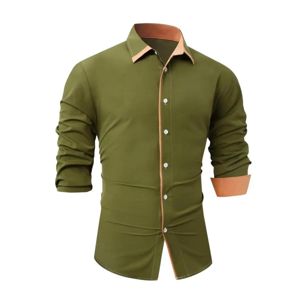 Men Shirt Turn-down Collar Long Sleeve Shirt Single-breasted Slim Fit Soft Breathable Formal Business Style Office Top