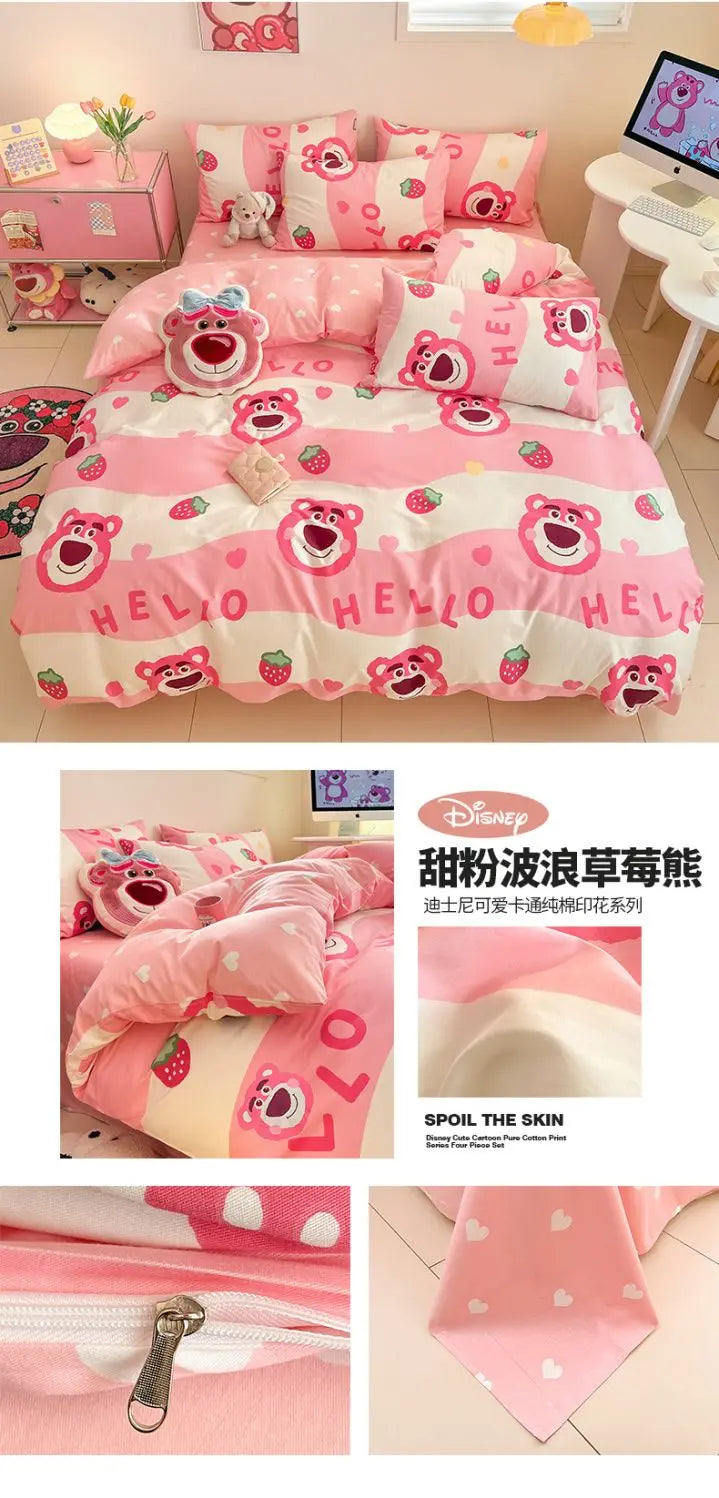 Toy Story Lotso Buzz Lightyear Alien Mickey Stitch Pooh Bear Fun Cartoon Printed Cotton Sheets and Quilt Covers Three Piece Set