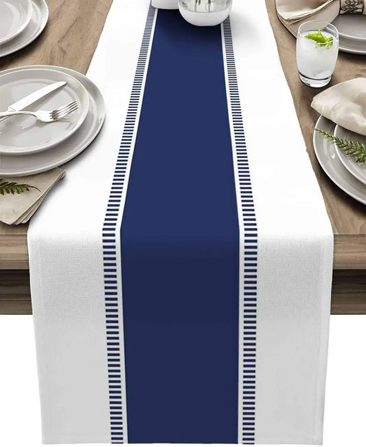 Navy Blue Stripes Linen Table Runner Dresser Scarves Decor Farmhouse Kitchen Dining Table Runner Holiday Party Decorations