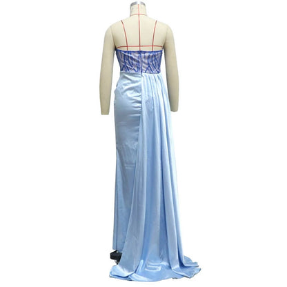 Women Sexy Elegant Formal Sequin Dress Strapless Pleated Low-neck Backless Lady Evening Wedding Party Prom Fashion Clothing Gown