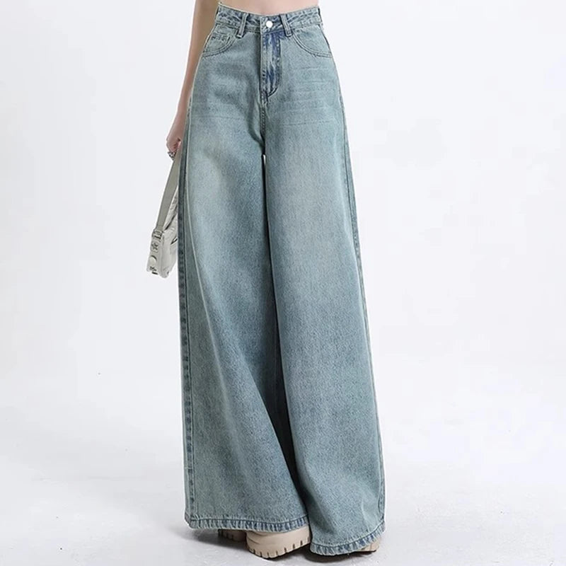 Women High Waist Korean Slacks Wide Leg Jeans Girls Punk 90s Vintage Denim Straight Leg Pants Female Light Blue Baggy Trousers