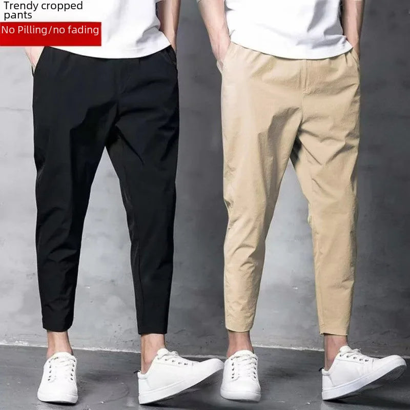 Summer Casual Men's Straight-leg Cropped Pants Ice Silk Elastic Small Foot Trendy Sports Korean Style Youth Pants