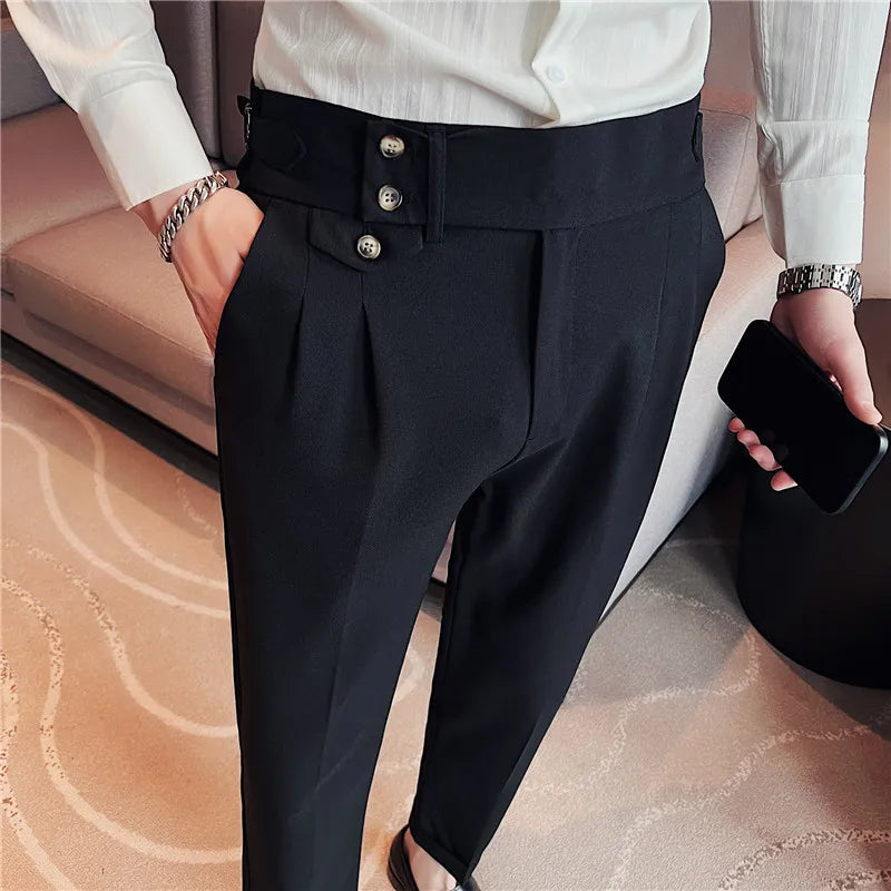 British Style Pants Men High Waist Belt Design Casual Slim Formal Office Dress Pant Men Social Wedding Party Dress Suit Trousers