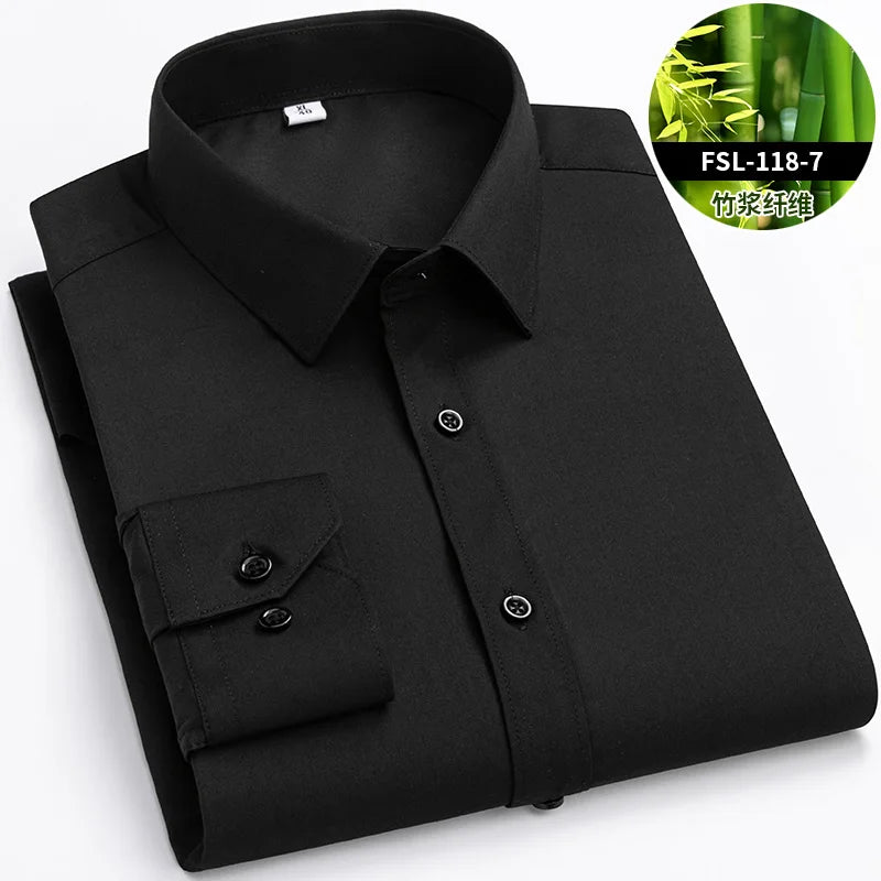 Quality Stretch Men Shirt Bamboo Fiber Long Sleeve Anti-wrinkle Non-ironing Slim Fashion Casual Business Office White Shirt