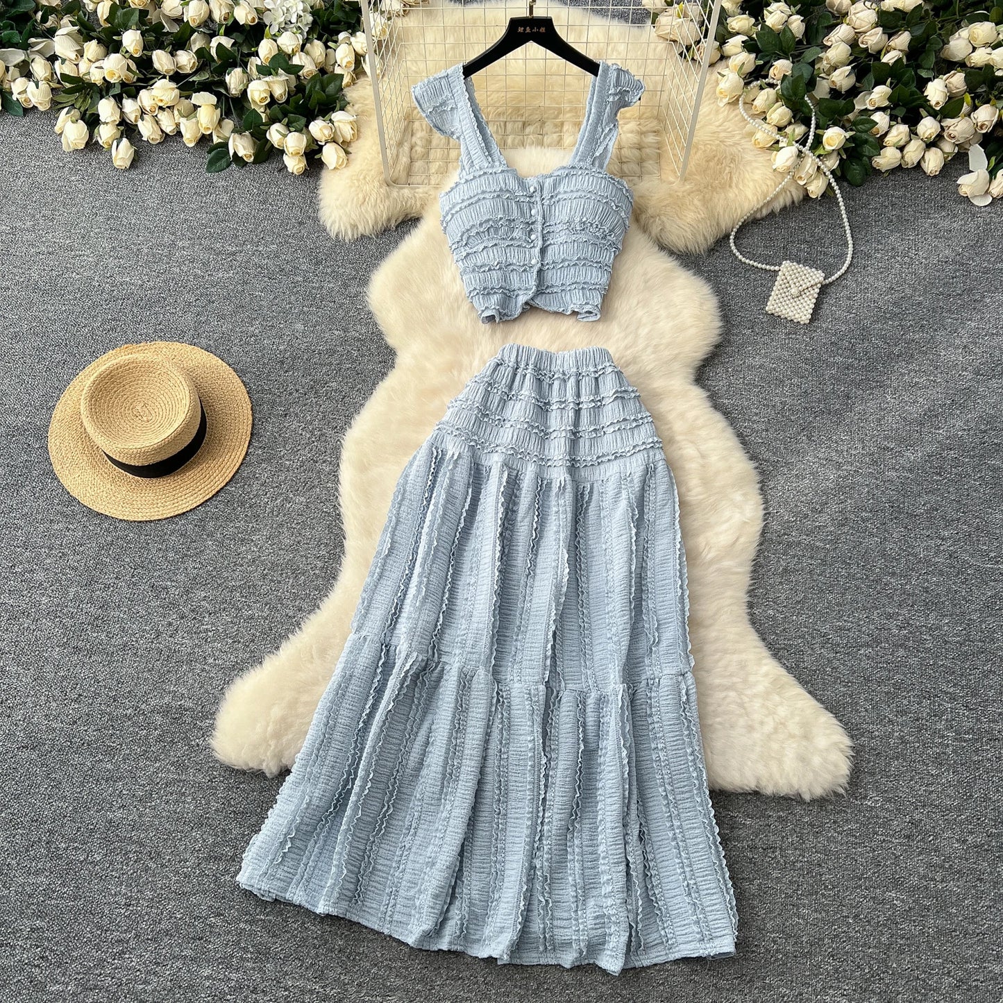 SINGREINY Casual Beach Style 2pcs Suits Single Breasted Mini Camisole+Elastic Waist A Line Fold Slim Skirt Gentle Women Sets