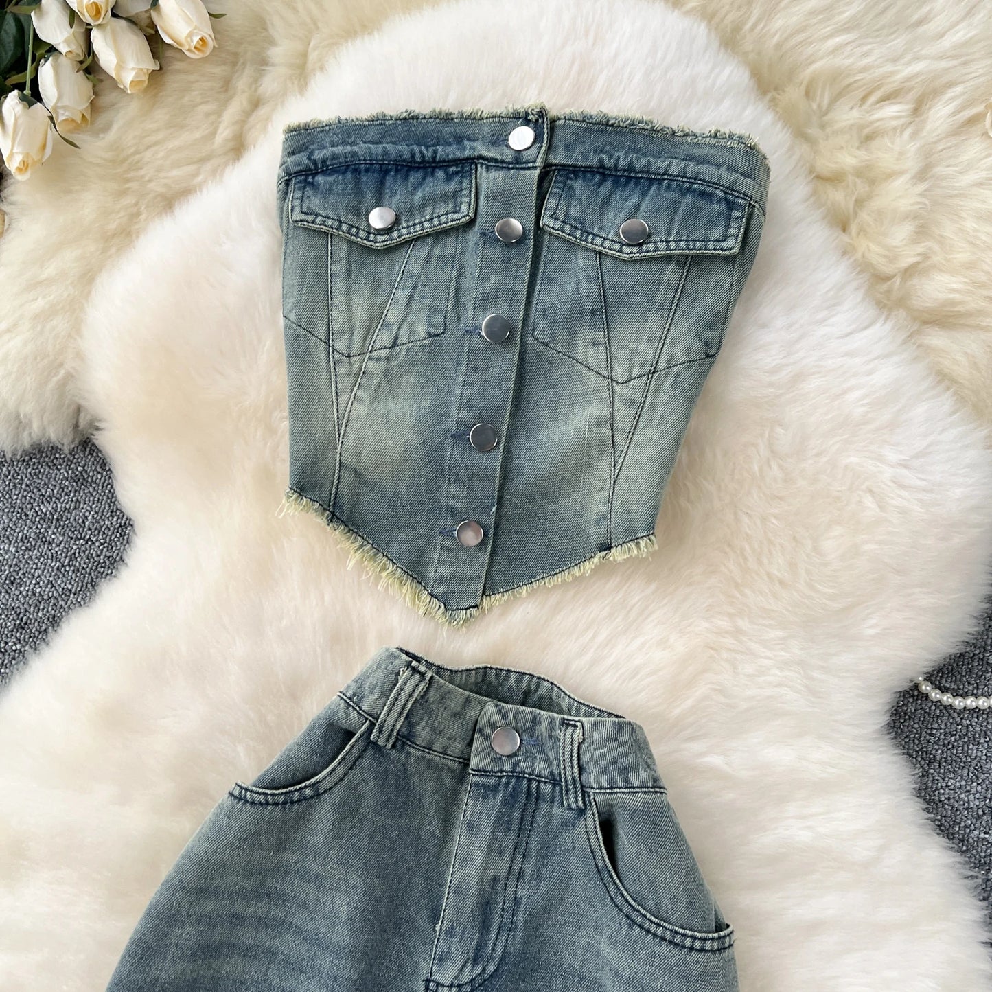 SINGREINY American Hot Girl Denim Suits Strapless Single Tassels Mini Irregular Tops+Holes Long Jeans Female INS Streetwear Sets