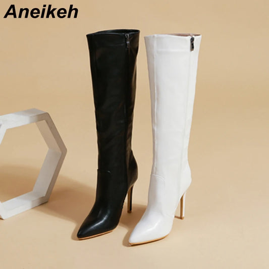 Aneikeh Women's Fashion Elegant Pointed Thin Heel Knee High Long Boots2025 Spring/Autumn PU Panel Side Zipper Boots Western35-42