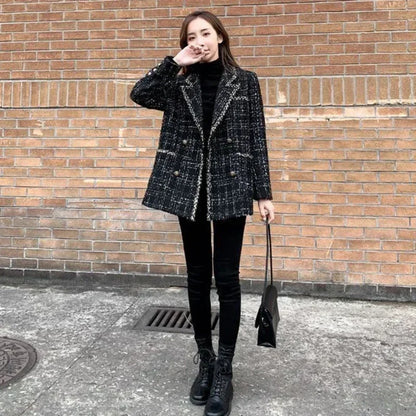 New Vintage Plaid Tweed Blazers Autumn Winter Thicken Fashion Jackets Female Double Breasted Elegant Black Coats Outwear D92