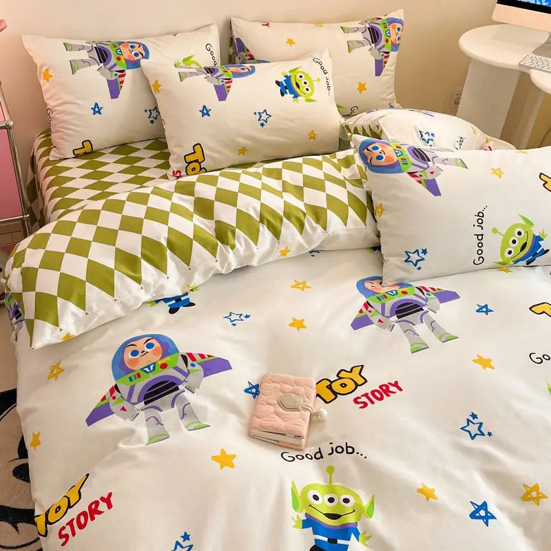 Toy Story Lotso Buzz Lightyear Alien Mickey Stitch Pooh Bear Fun Cartoon Printed Cotton Sheets and Quilt Covers Three Piece Set