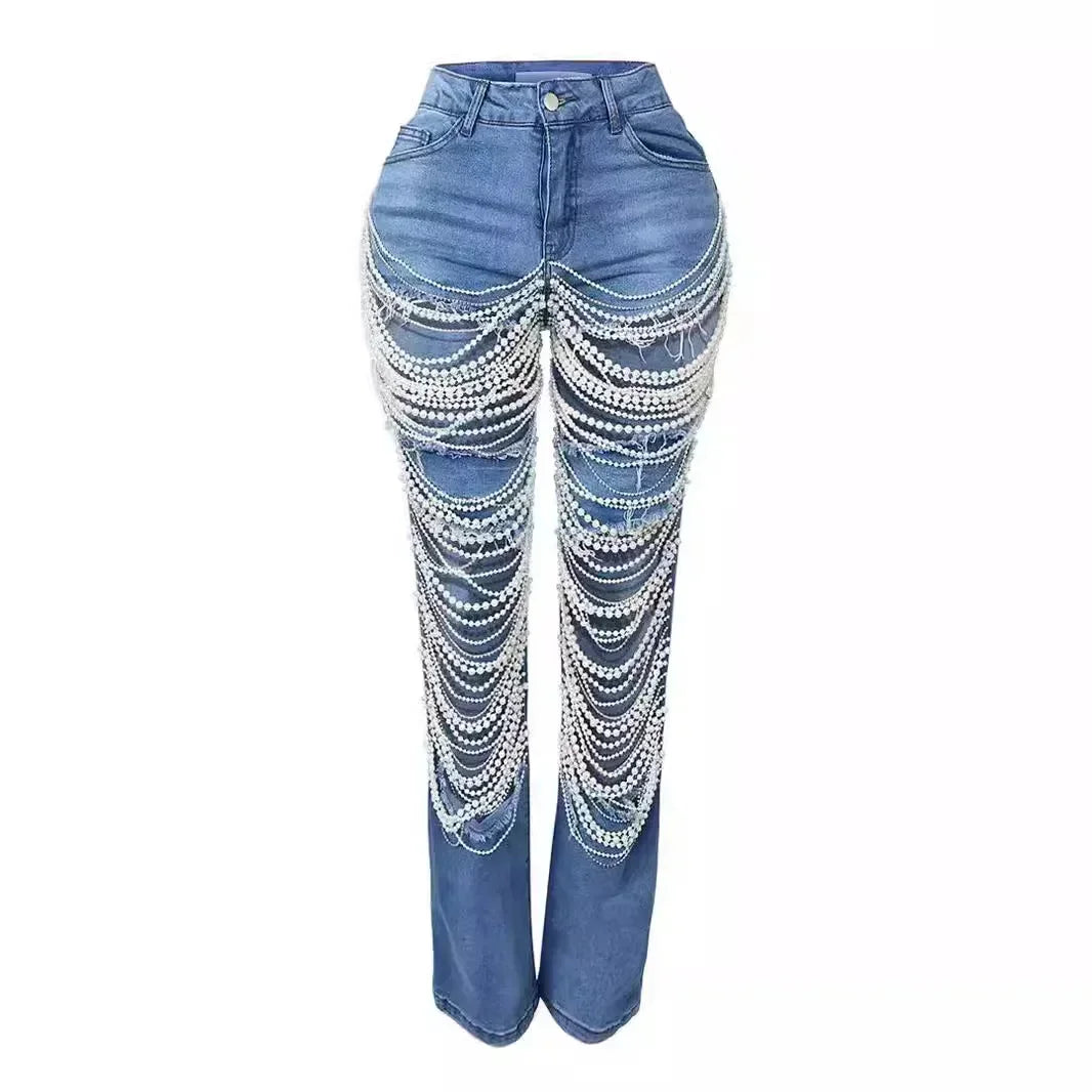 Spice Girl Summer Pants Ripped Heavy Industry Beaded Elastic Jeans Trousers Women JEANS