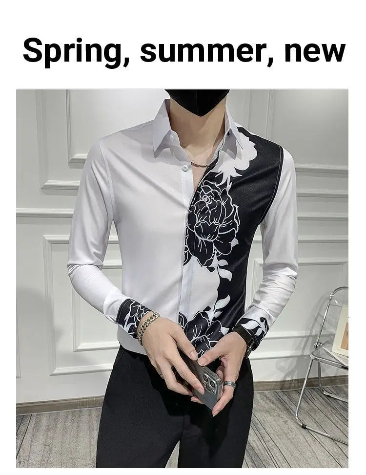 Spring Autumn New Blouse Men's Turn-down Collar Floral Printing Single Breasted Long Sleeve Shirt Fashion Casual Men's Clothing