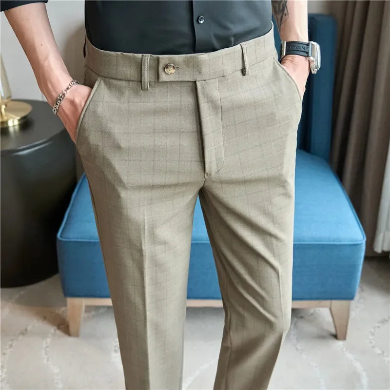 Men Plaid Suit Pants 2024 Autumn Item Solid Casual Dress Pants Elastic Slim Fit Formal Trousers Men Clothing pantalones hombre