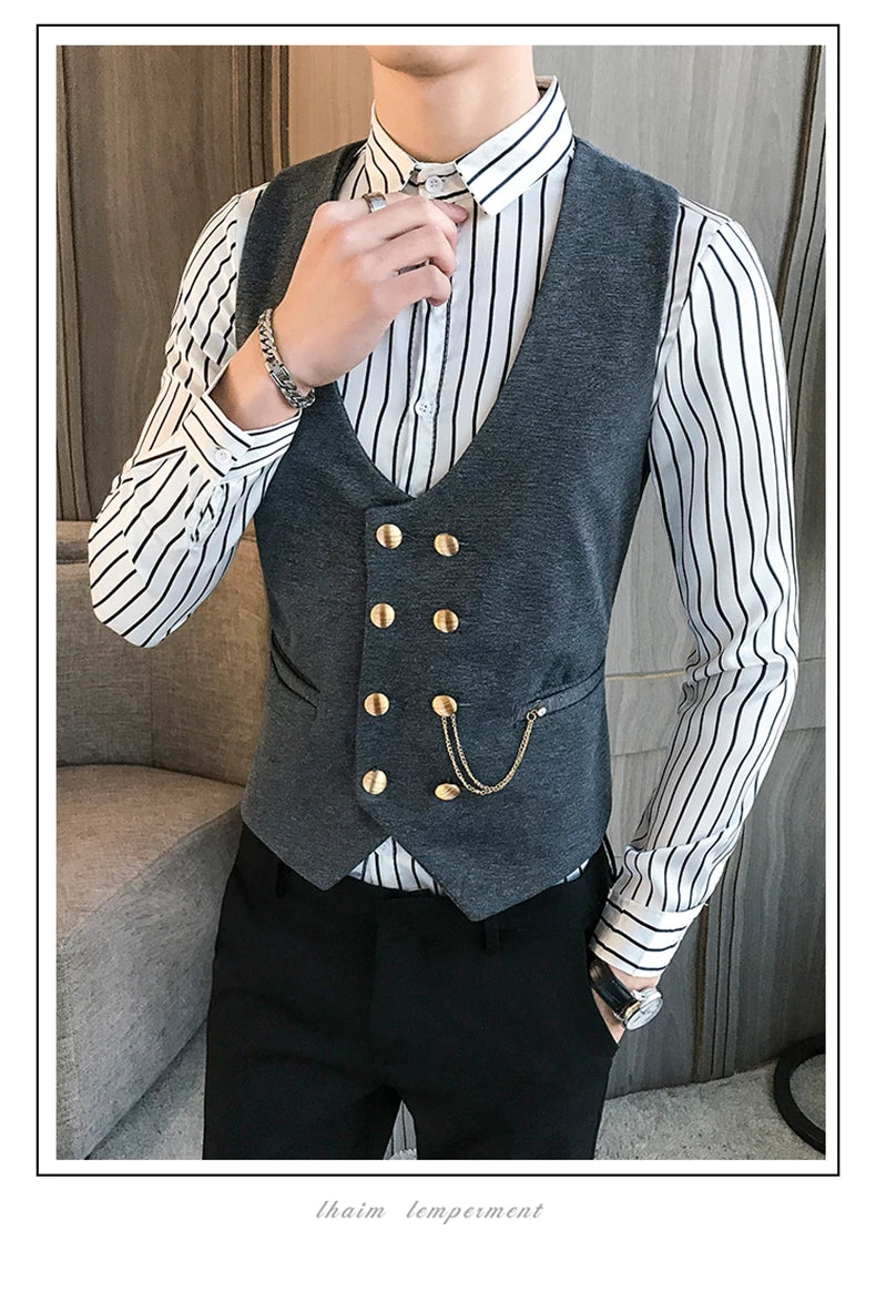 2025 Latest Style Double Breasted Men Suit Vest Gold Button Slim Fit Formal Groom Wedding Vest Streetwear Sleeveless Vest Jacket