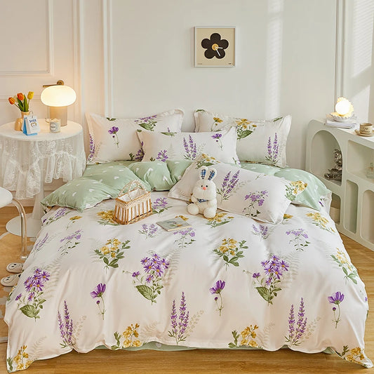 4 Pieces Bedding Set Country Romantic Lavender Flower Duvet Cover Set Purple Yellow Floral Quilt Cover Microfiber Bedspread Set