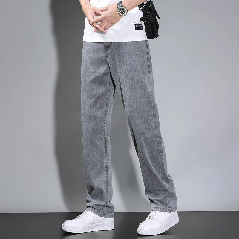 Summer Thin Men's Straight Loose Gray Jeans Soft Fabric Lyocell Fabric Light Colored Casual Pants Male Brand Trousers