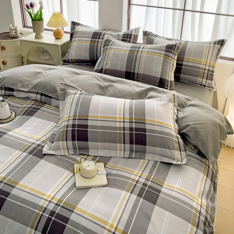 3pcs Gray Plaid Duvet Cover Set with 2 Pillowcases Bedding Sets for Hotel Bedroom Fashion Soft Simple Quilt Cover Pillowcase