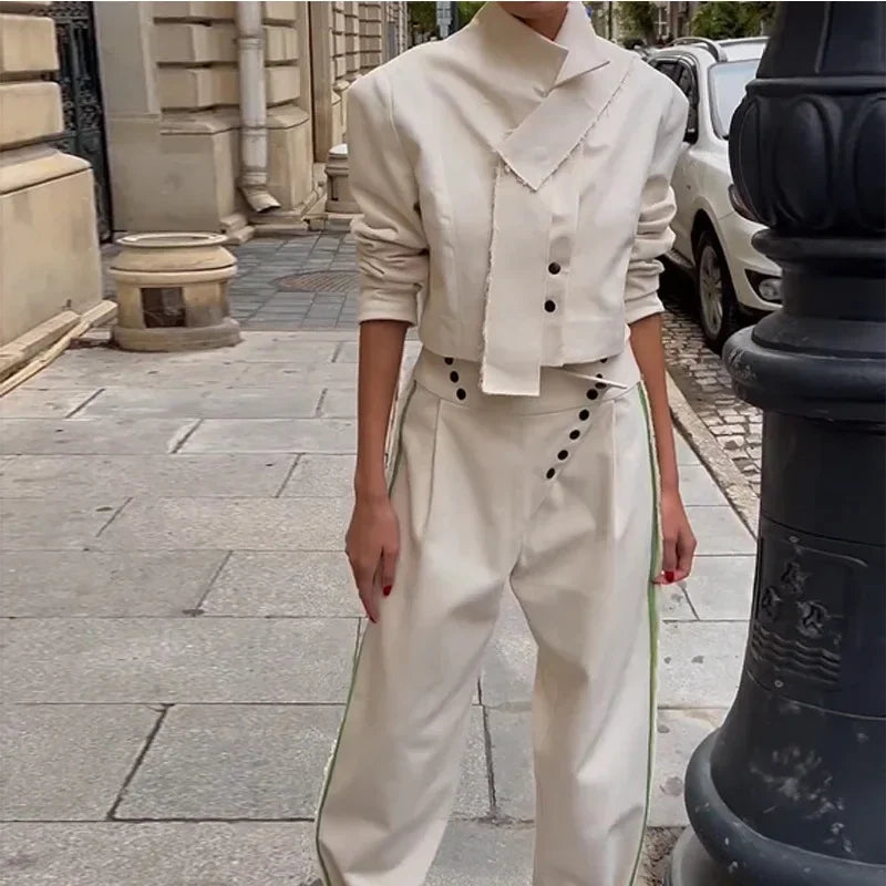 Women Two Piece Sets Turn Down Collar Pant Set Full Sleeve Short Tops High Waist Straight Long Pants Work Splice Matching Sets