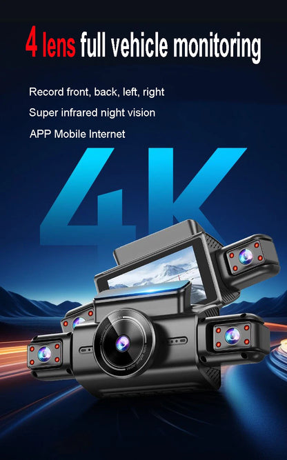 Caméra de tableau de bord cachée à 4 canaux, avec application 4K HD, Vision nocturne, moniteur de stationnement 24/7, capteur G, enregistrement en boucle, détection de mouvement, boîte noire WDR