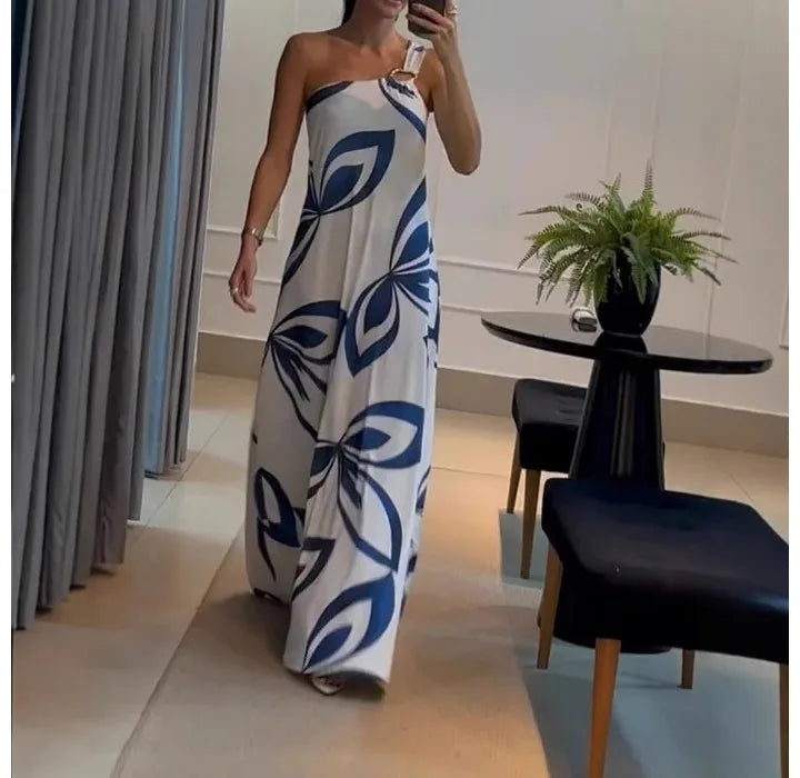 Summer Dress for Women 2024 New Slant Neck Fashion Printed Open Back Casual Dresses Sleeveless Long Skirt Female Streetwear