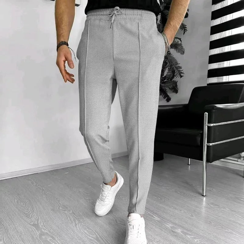 Men's Pants, Street Ruffled Solid Color Casual Waffle Pants, Four Seasons Travel New Breathable Loose Fitness Jogging Pants 2024