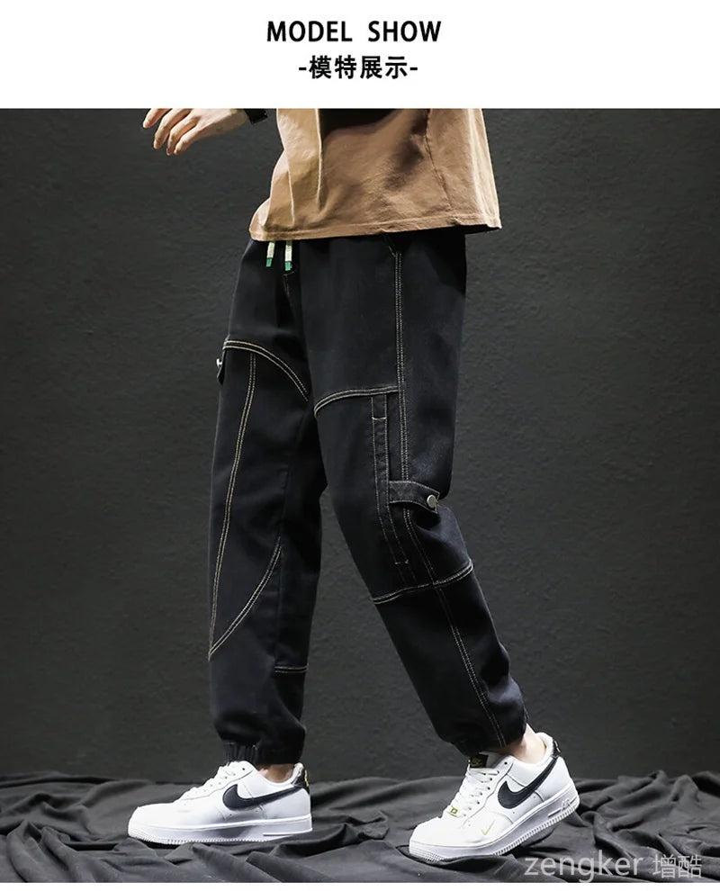 Men's drawstring jeans spring and autumn loose work pants fashion laced Harun plus size casual pants tide 140kg