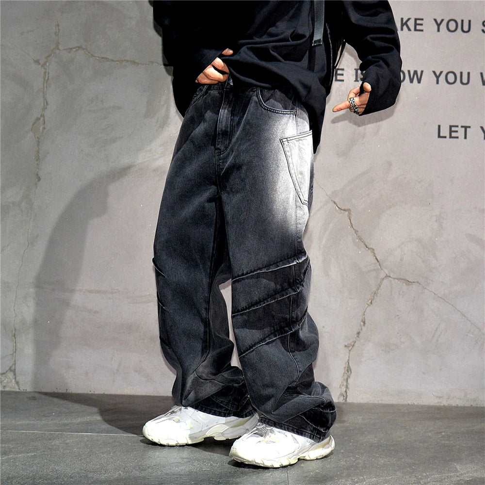 High Quality Black Vintage Casual Gradient Cargo Jeans Streetwear Straight Leg Jeans Hip Hop Denim Pants Kpop Trousers Male