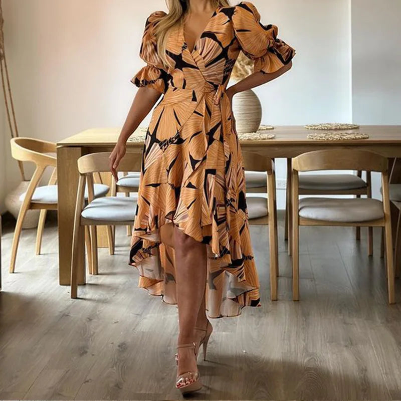 Women's Printed V-neck Short Puff Sleeve Dress 2024 Spring Summer New Dress Women's High Waist Slim Fit Ruffled Irregular Dress