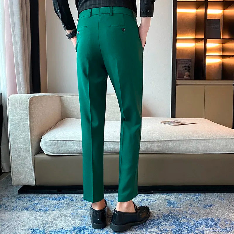 Green Elegant Elastic Mens Social Pants Skinny Cropped White Formal Stretch Pants Mens Trousers Office Slim Fit Party Club 2023