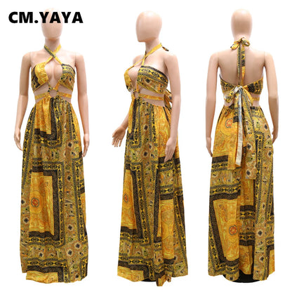 CM.YAYA Women Long Dress Print Sleeveless Halter Bandage Hollow Out Splited Maxi Dresses Sexy Night Party Vestidos Summer Outfit