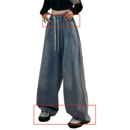 1Pc Trendy Oversize Jeans Zipper Fly/Drawstring Dressing Up Brushed Pants Thin Baggy Jeans Retro Wide Leg Man Pants Men Clothing