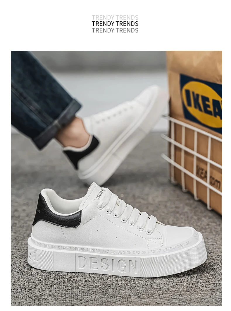 HKDQ Fashion Design White Sneakers Men Comfortable Leather Low-cut Platform Sneakers Men Trend Casual Lace-up Men's Skate Shoes