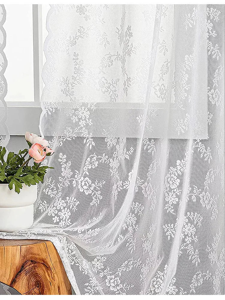 Sheer Lace Curtains for Bedroom Ivory Elegant Grommet Curtains Scalloped Edges Floral Kitchen Window Curtains 63 Inch Length