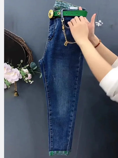 Blue Plus Size Jeans Spring Autumn New Fashion Casual High Waist Stretch Straight Trouser Slim-Fit Elegant Edge Curl Harem Pants